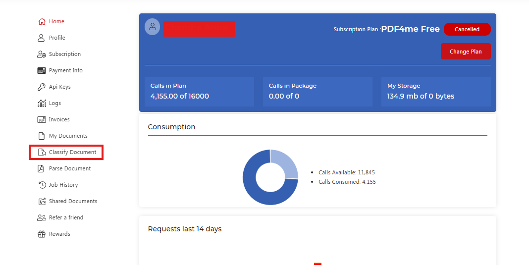 PDF4me dashboard sidebar with Classify Document highlighted